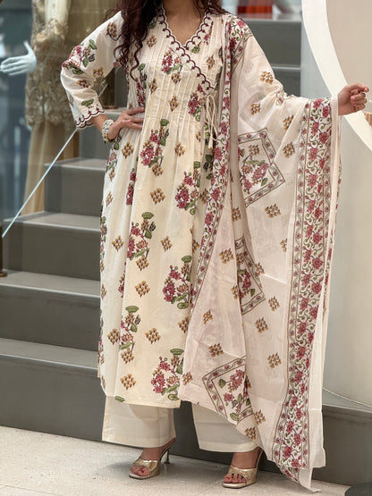 Ivory Floral Printed CottonSuit Set