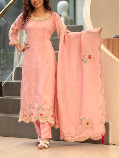 Peach Embroidered Handwork  Suit Set with Dupatta