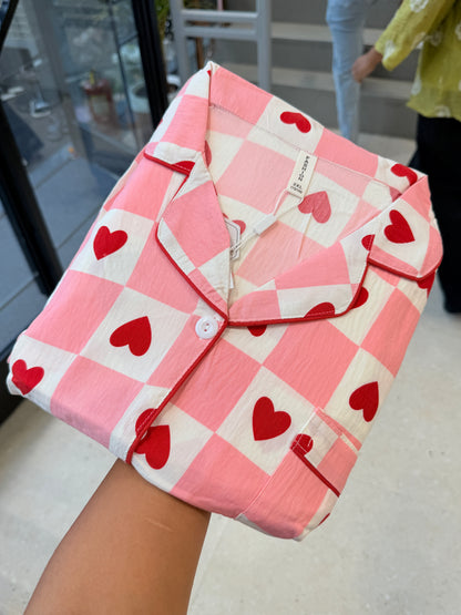 Heart print 3 piece night dress