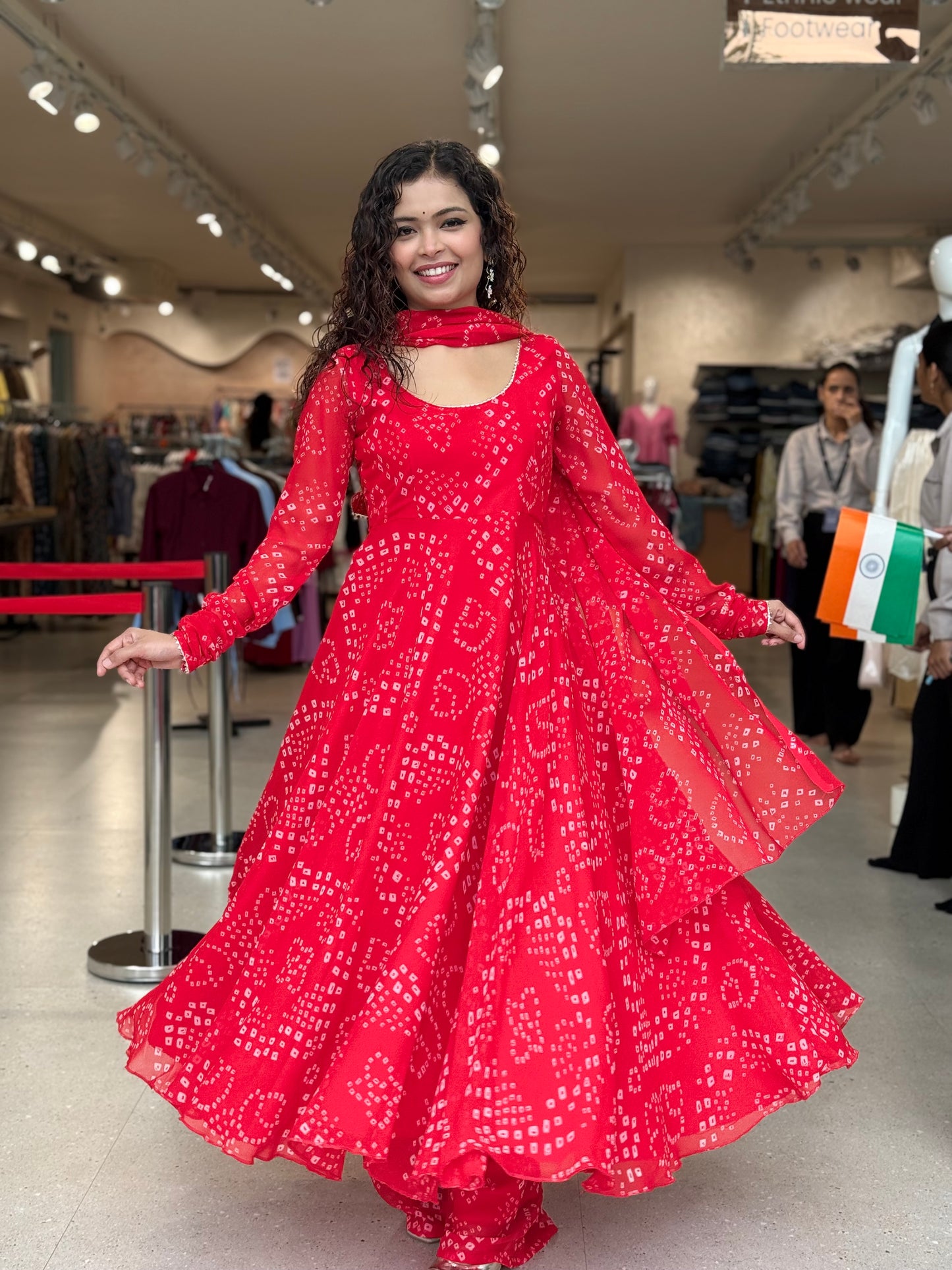 Red bandhani anarkali suit set