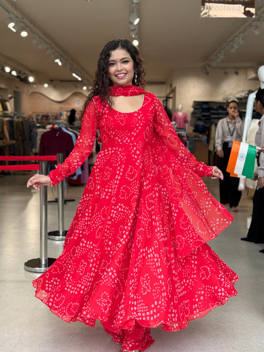 Red bandhani anarkali suit set