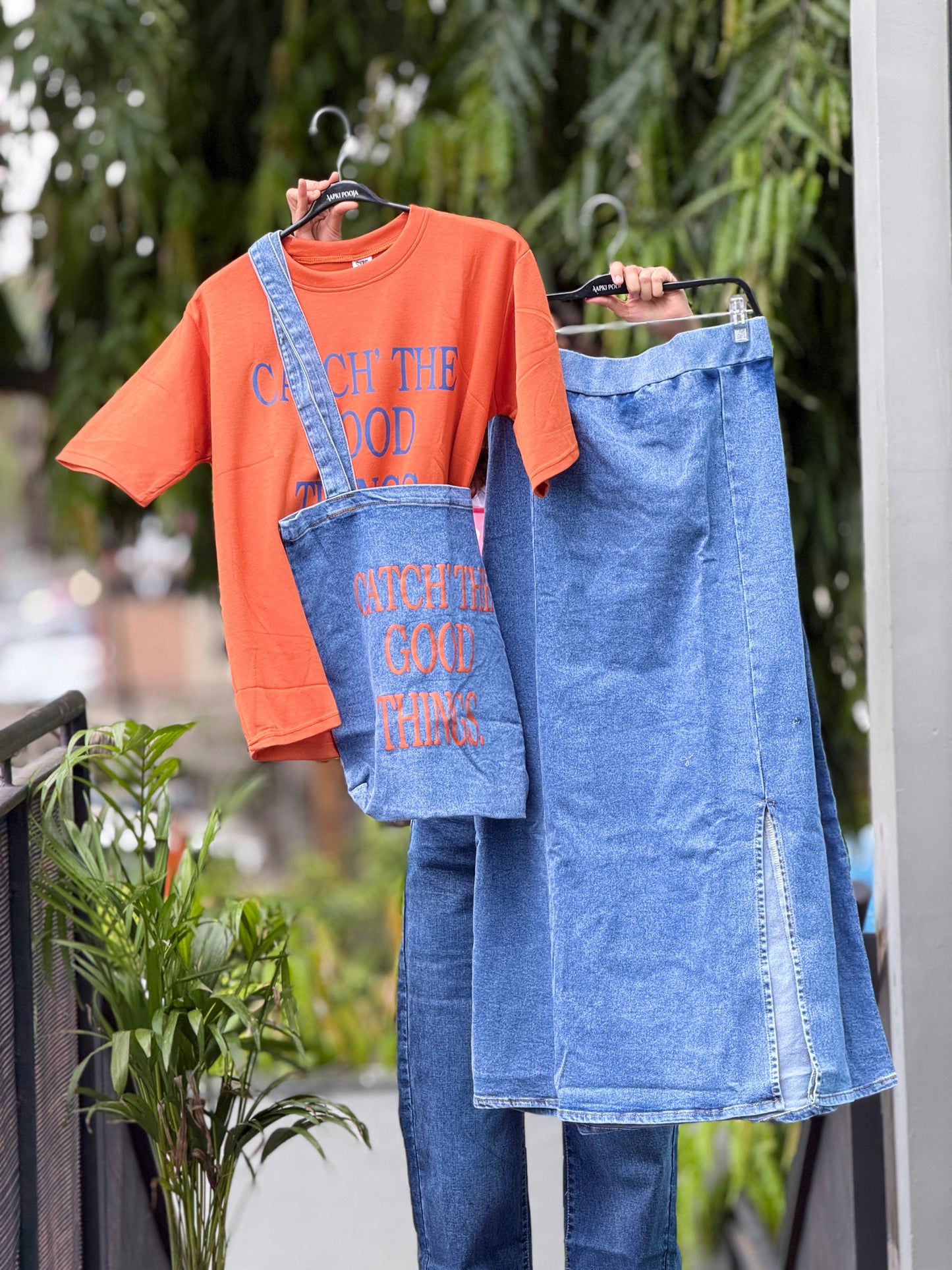 Denim skirt and T-shirt co-ord set with denim Tote bag