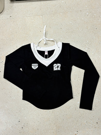 Tie-Up Padded Crop Top – Long Sleeve V-Neck Tee