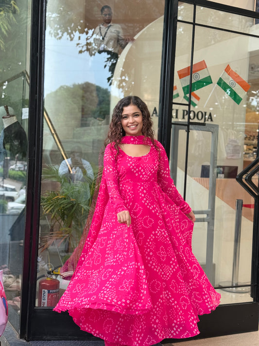 Pretty pink bandhani anarkali suit set