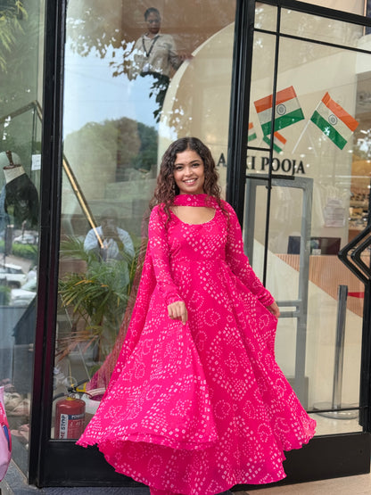 Pretty pink bandhani anarkali suit set