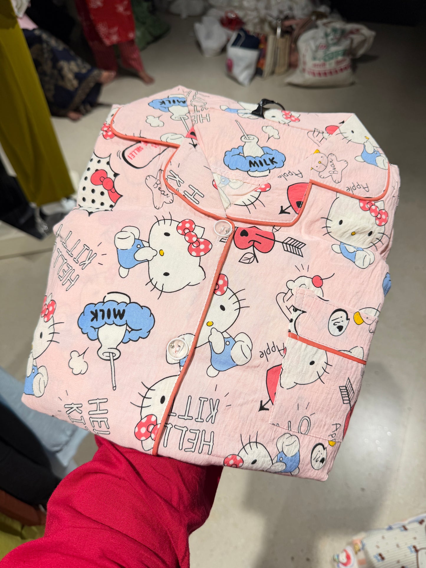Hello Kitty Cartoon Print Pink 3 Piece Women Night Suit Set