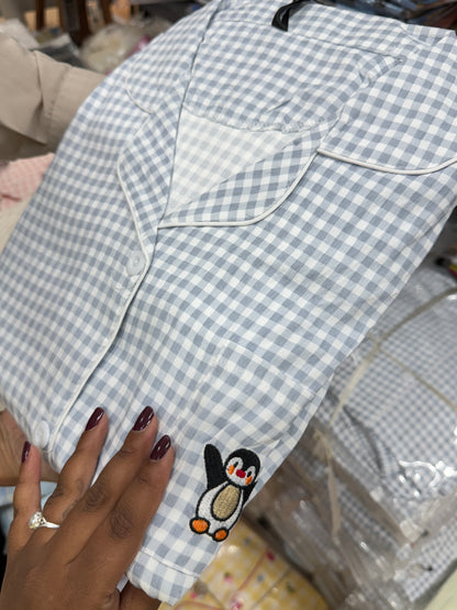 grey checks with penguin print 3 piece night dress