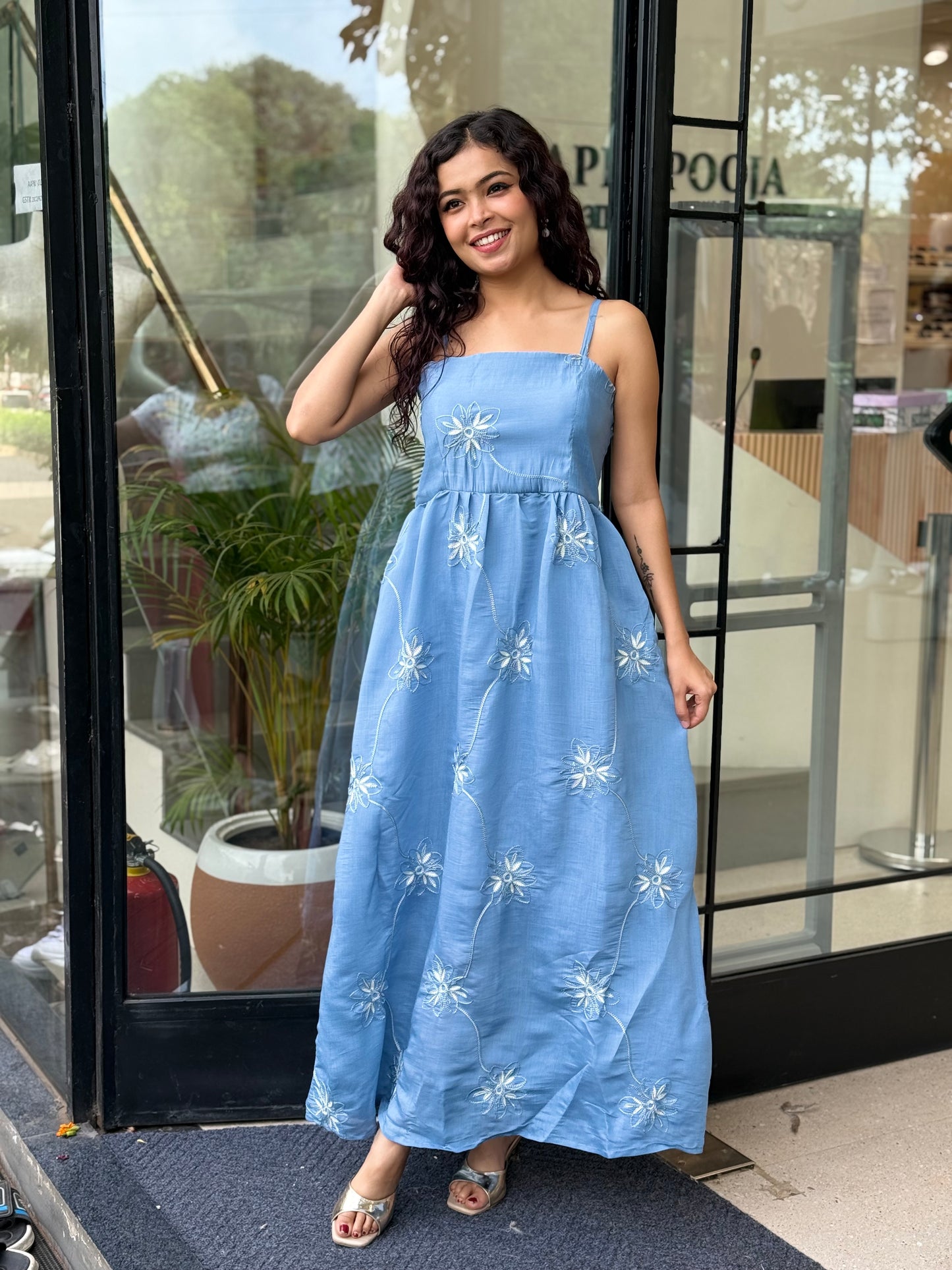 Floral embroidered middy one piece dress