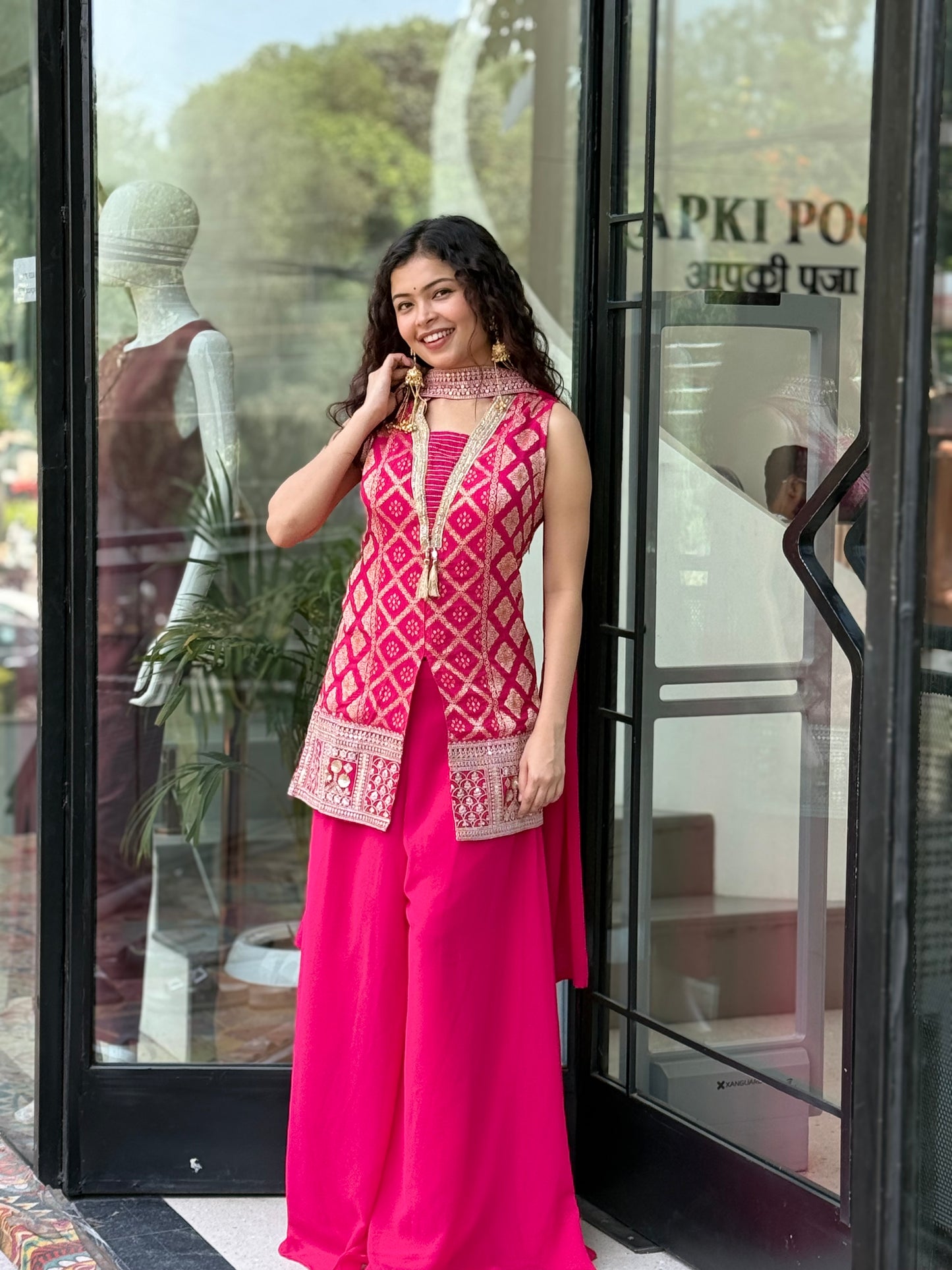 Pink Ethnic Jacket Style Palazzo Set