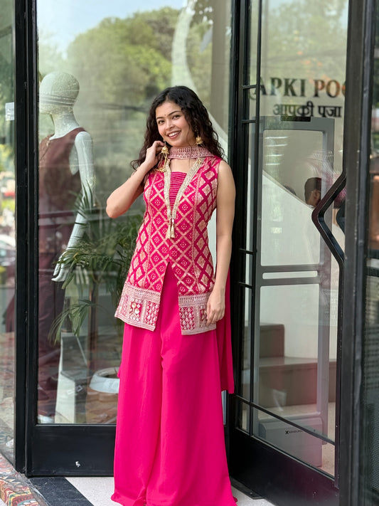 Pink Ethnic Jacket Style Palazzo Set