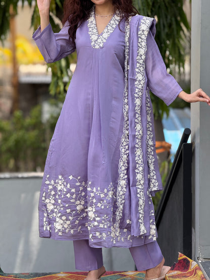 Embroidered Kurta Pant Set with Matching Dupatta for Women
