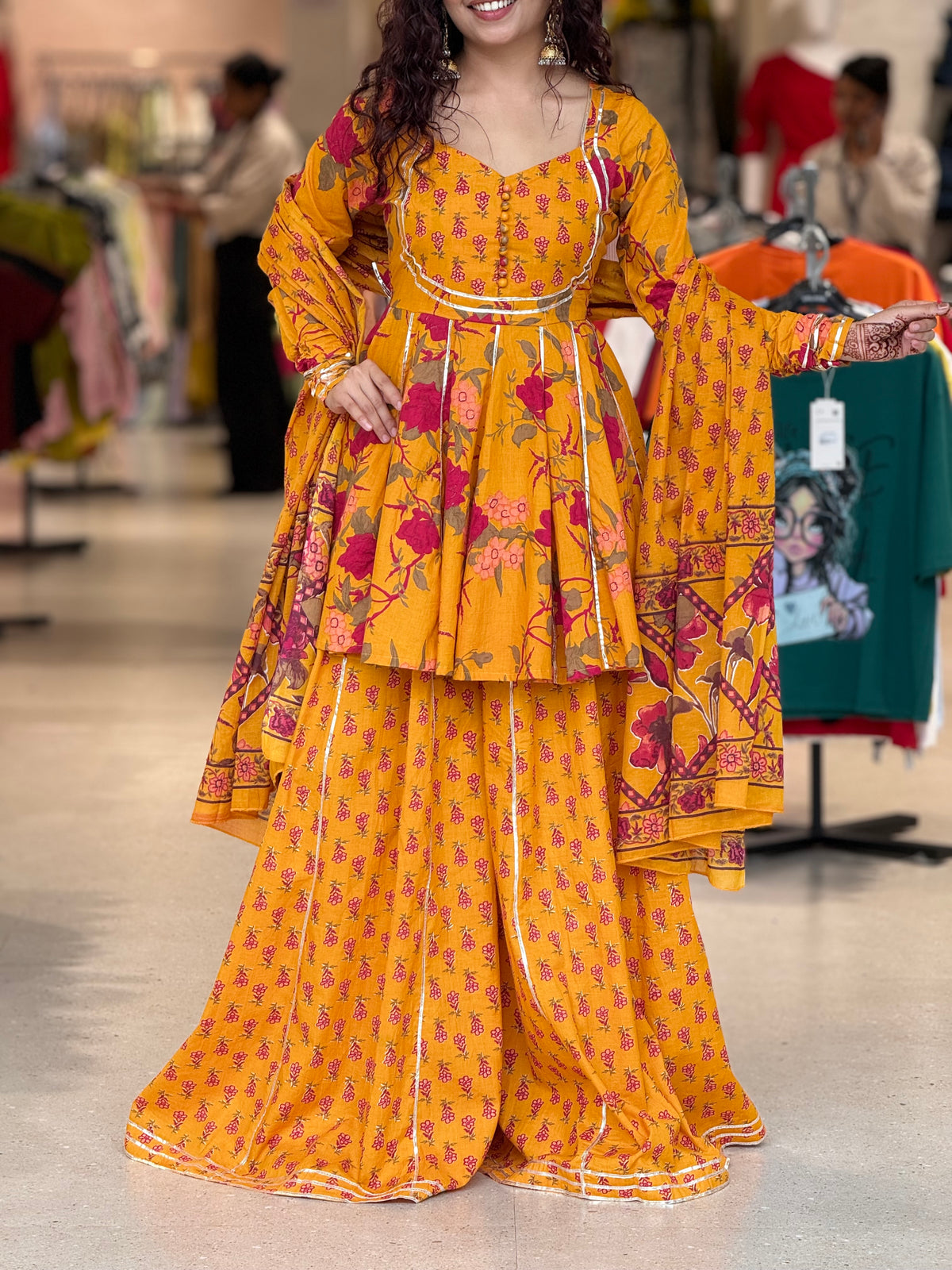 mustard yellow peplum crop top and gher plazo with dupatta suit set