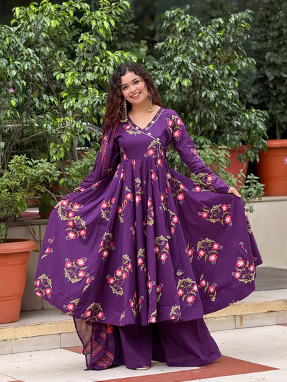 Purple Printed Anarkali Kurta Set with Palazzo & Dupatta