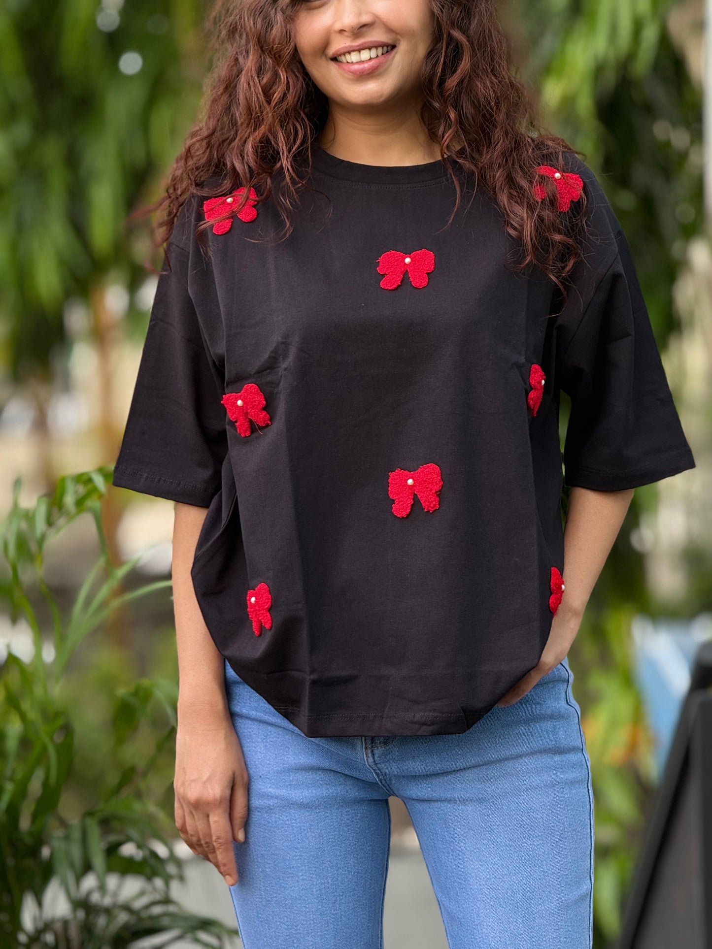 Bow fur detail partywear T-shirt