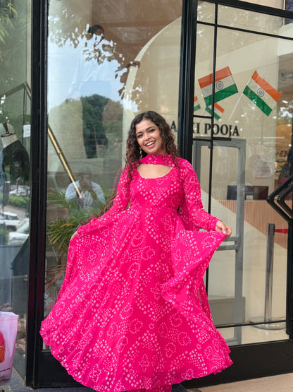 Pretty pink bandhani anarkali suit set
