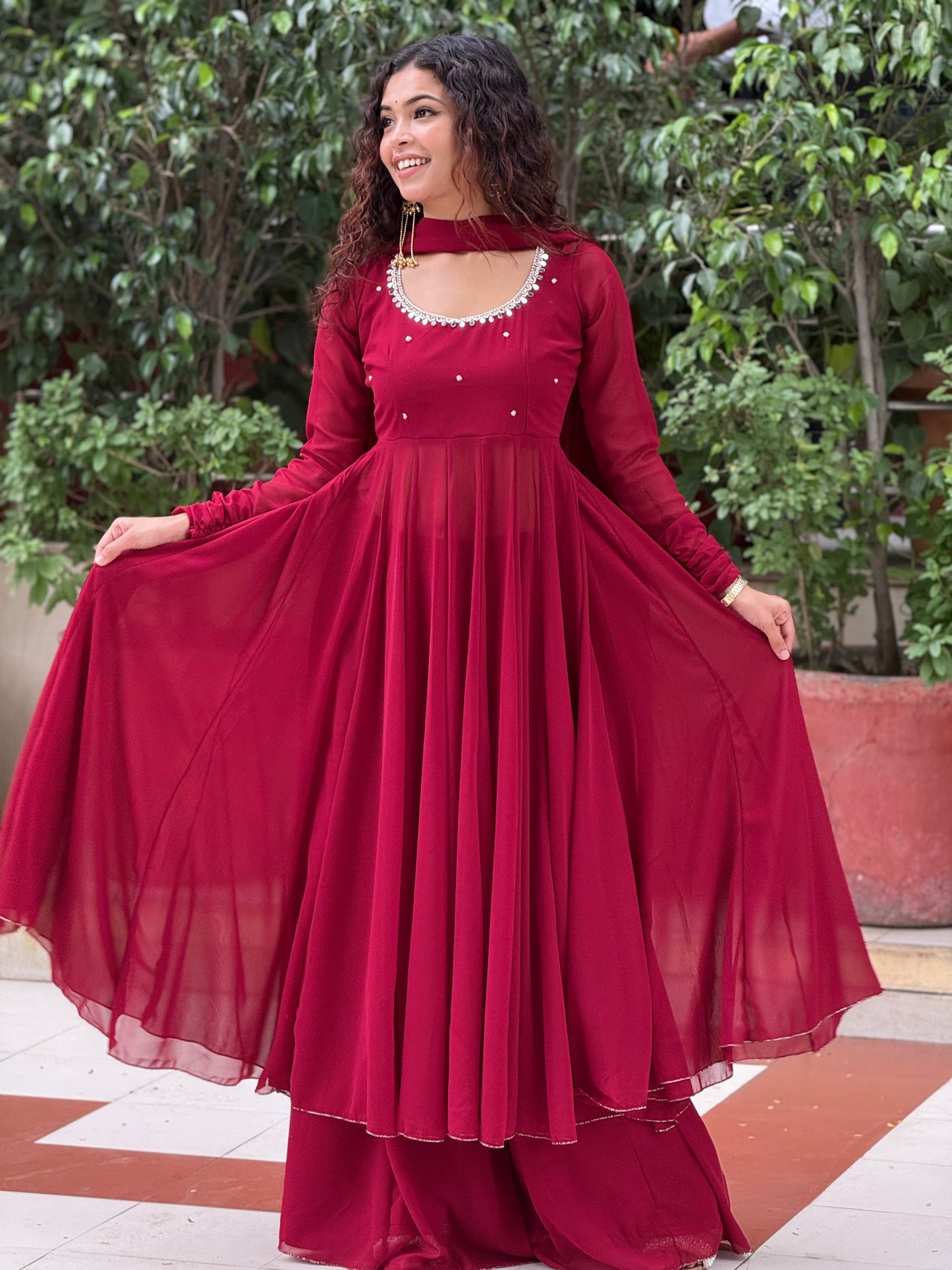 Ruby Red Georgette Anarkali Suit Set with Palazzo & Dupatta