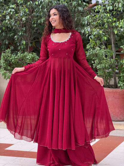 Ruby Red Georgette Anarkali Suit Set with Palazzo & Dupatta