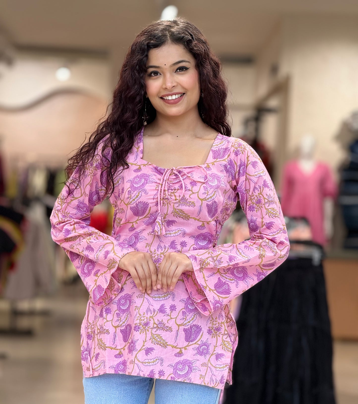 Pink Short kurti with front and side dori