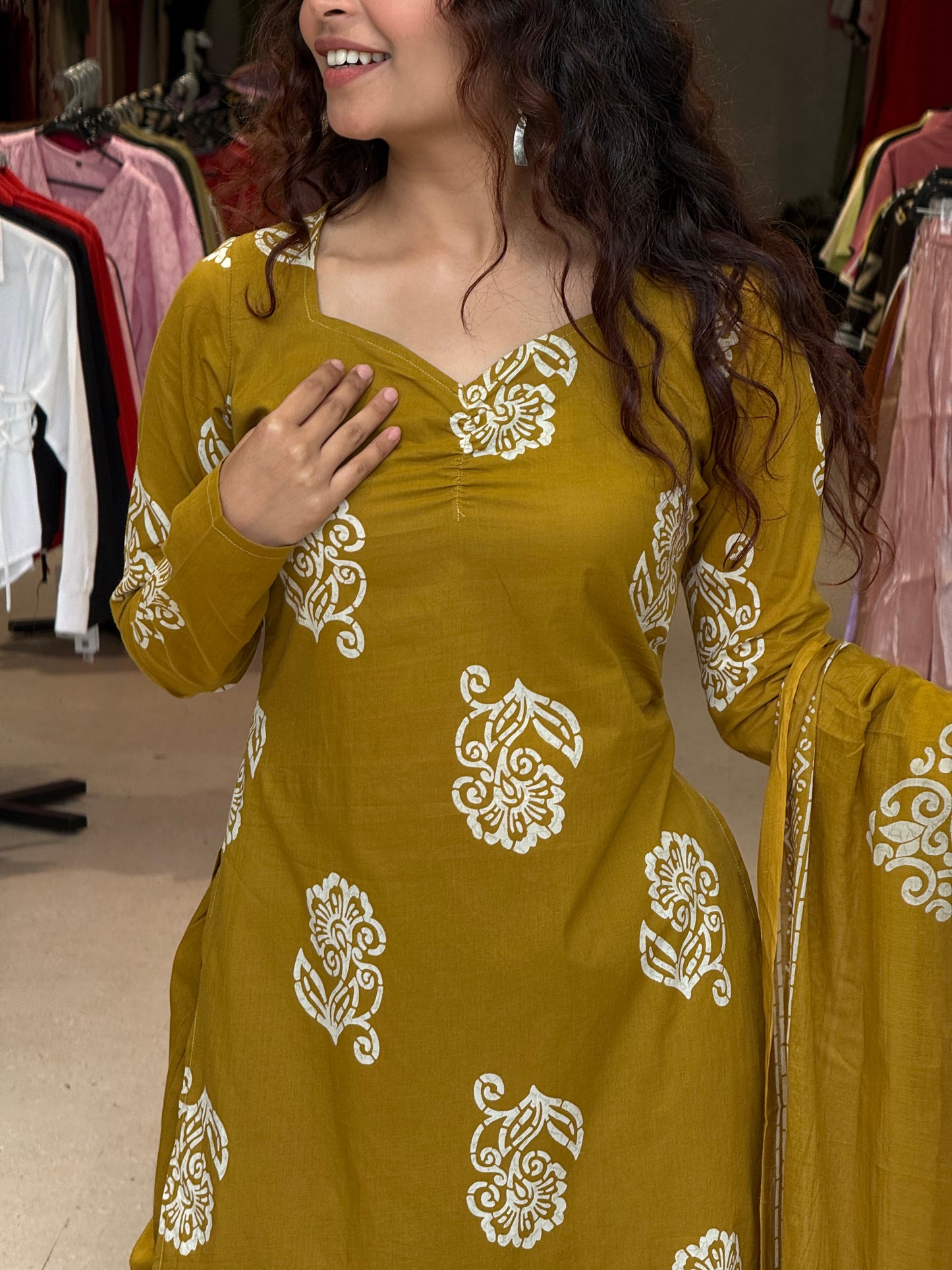 Mustard yellow full sleeves cotton 3 piece suit set
