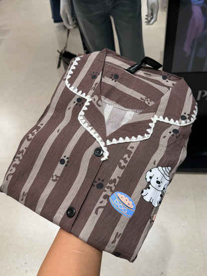 Chocolate brown dog print 3 piece night suit set