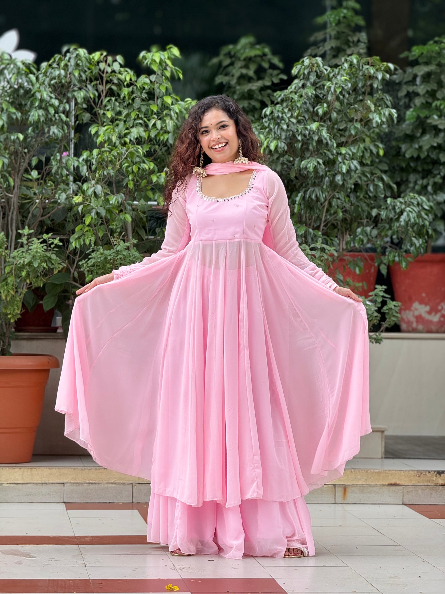 Blush Pink Georgette Anarkali Suit Set with Palazzo & Dupatta