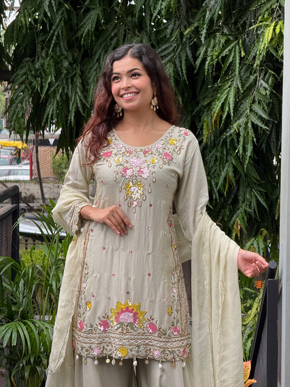 3 piece partywear suit set with neck stone work