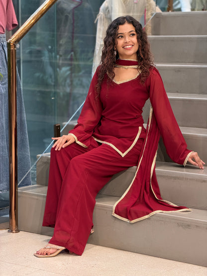 Maroon short kurti plazo 3 piece suit set