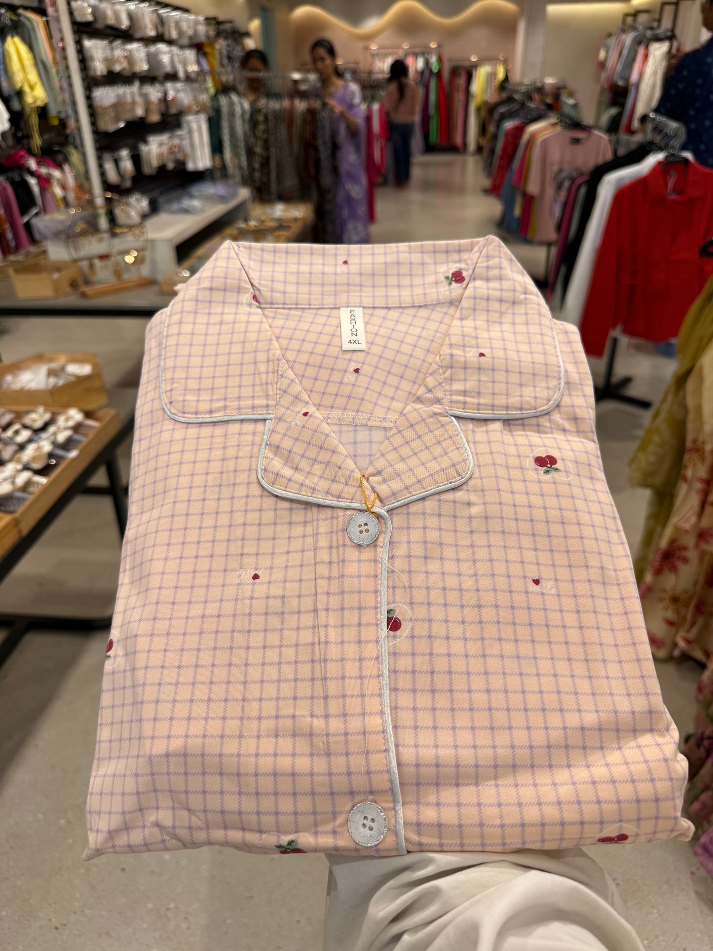 Checks cherry print 2 piece night dress