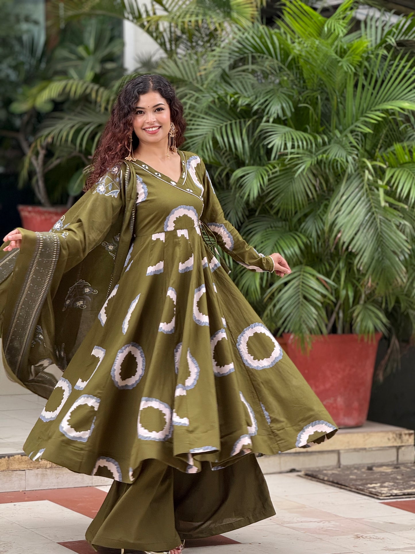 Olive Green Printed Anarkali Kurta Set with Palazzo & Dupatta