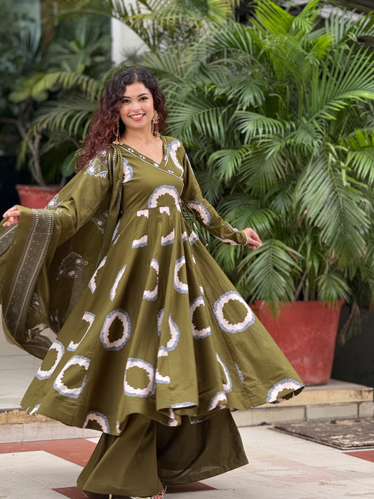 Olive Green Printed Anarkali Kurta Set with Palazzo & Dupatta