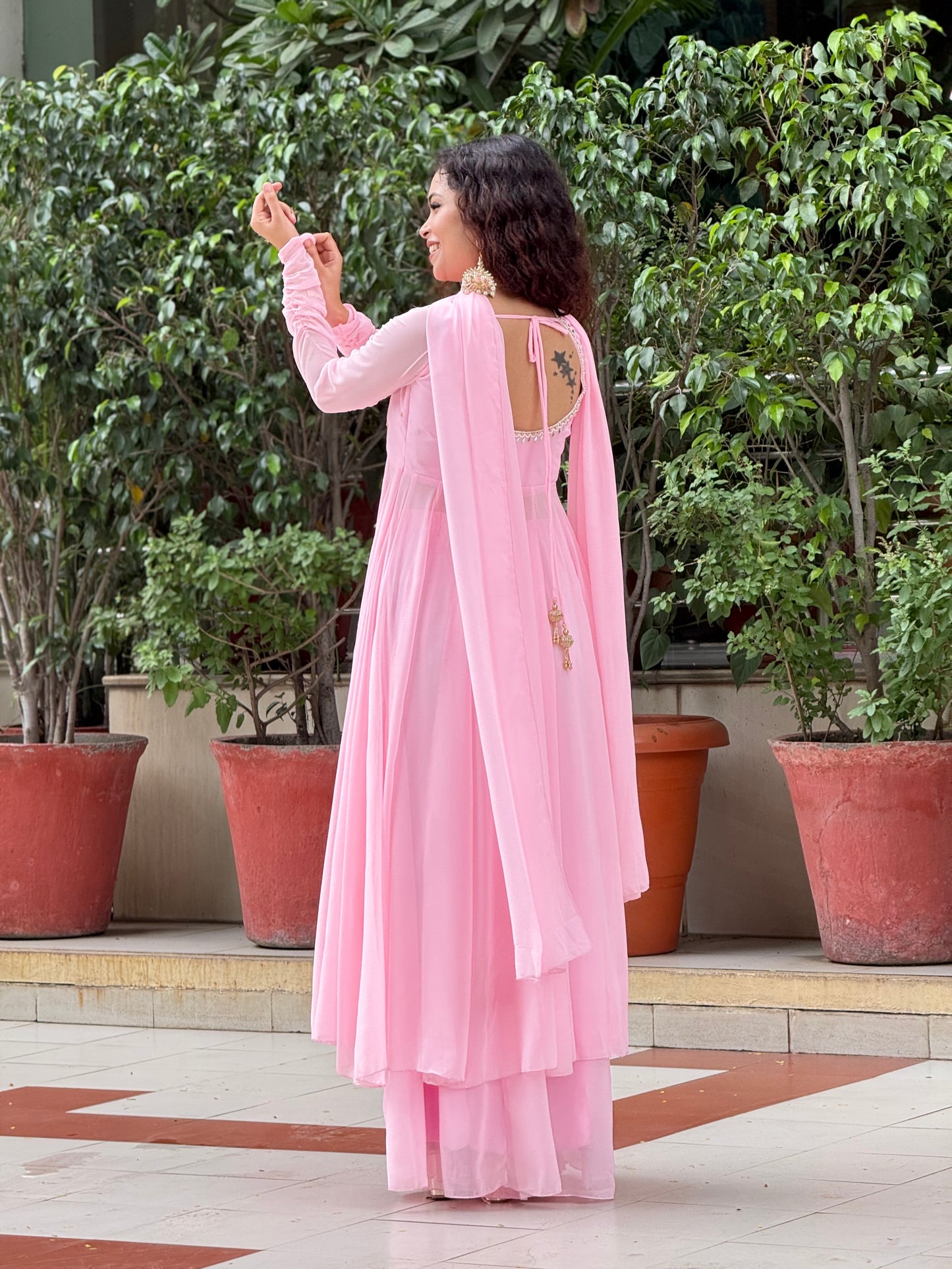 Blush Pink Georgette Anarkali Suit Set with Palazzo & Dupatta