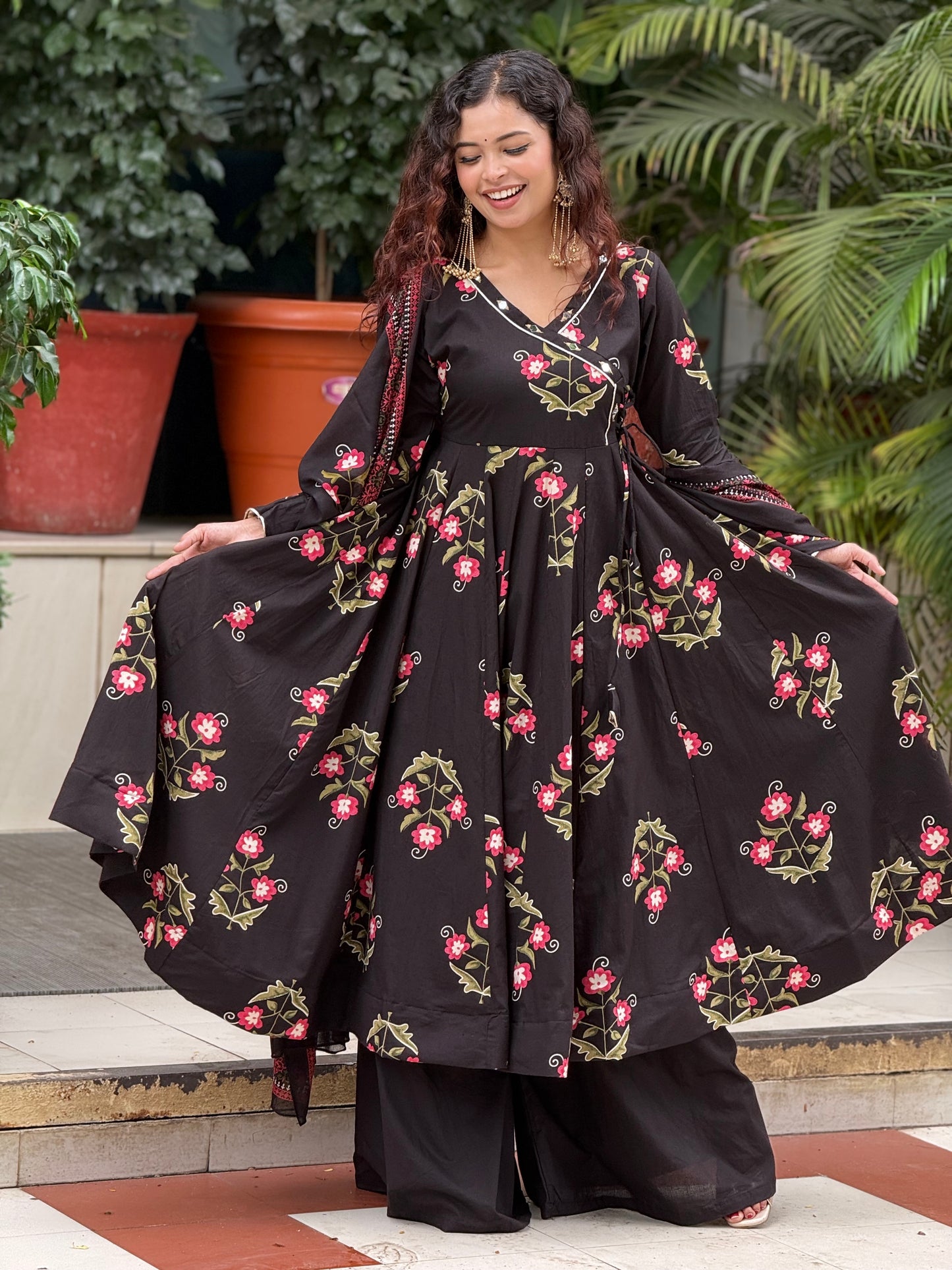 Black Printed Anarkali Kurta Set with Palazzo & Dupatta