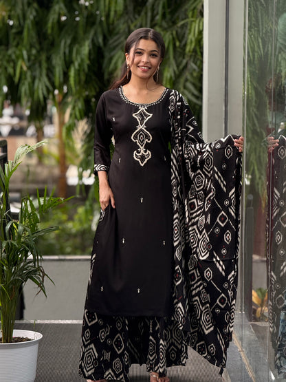 neck thread embroidered 3 piece suit set