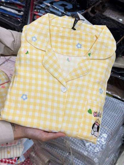 yellow checks flower print 3 piece night dress