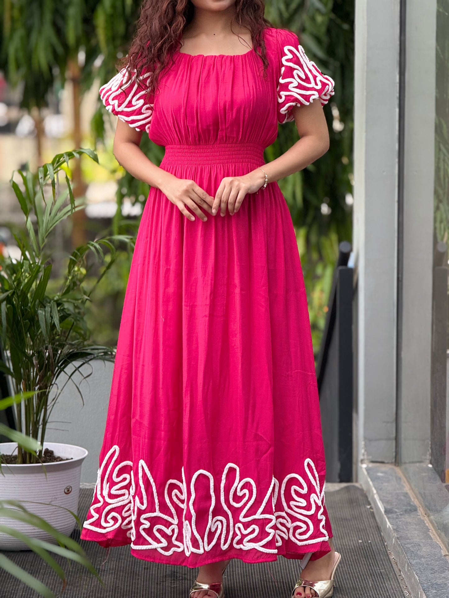 Puff sleeve thread embroidered full length dress