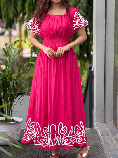 Puff sleeve thread embroidered full length dress