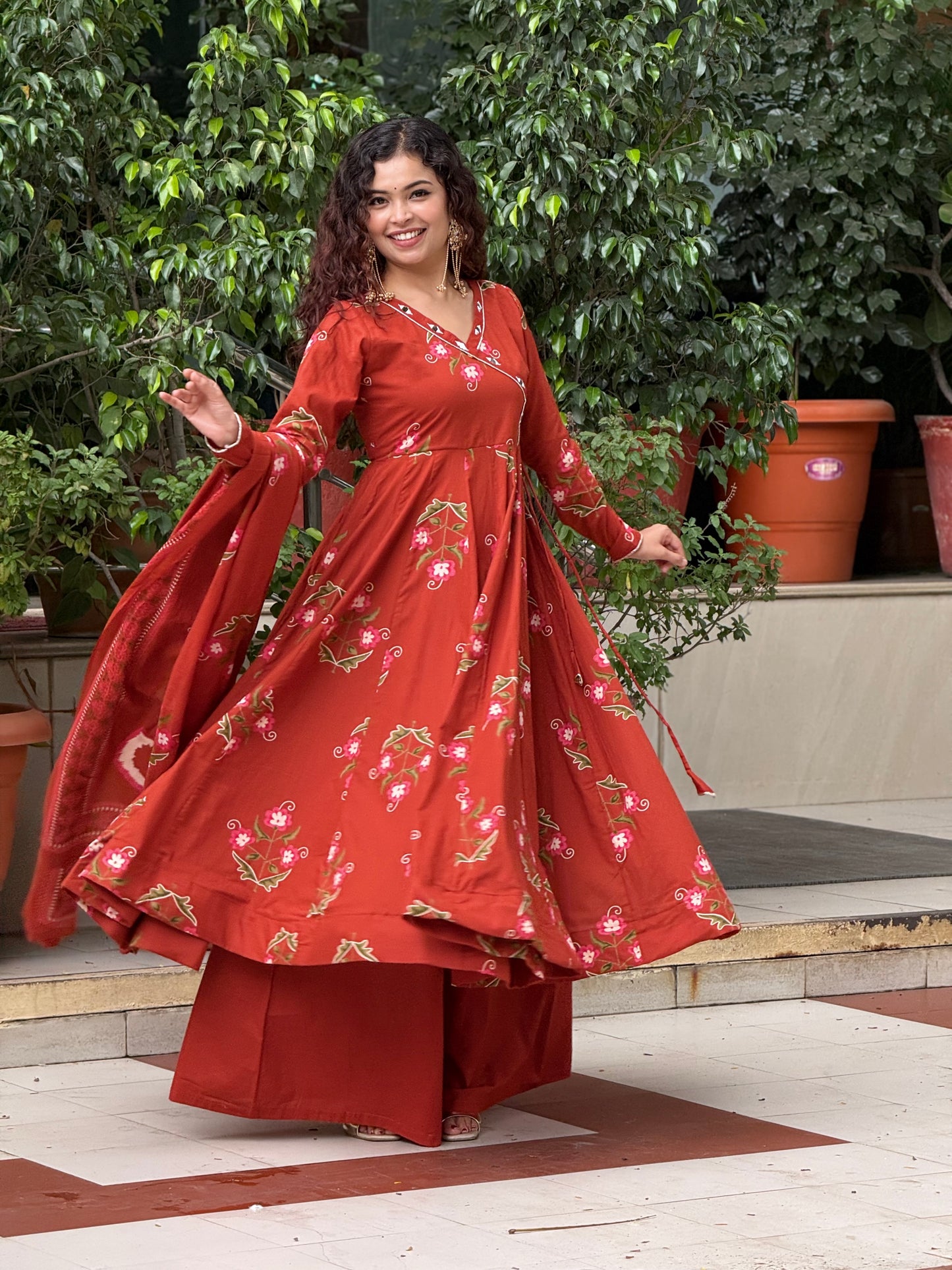 Rust Floral Printed Anarkali Kurta Set with Palazzo & Dupatta