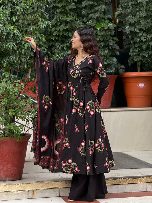 Black Printed Anarkali Kurta Set with Palazzo & Dupatta