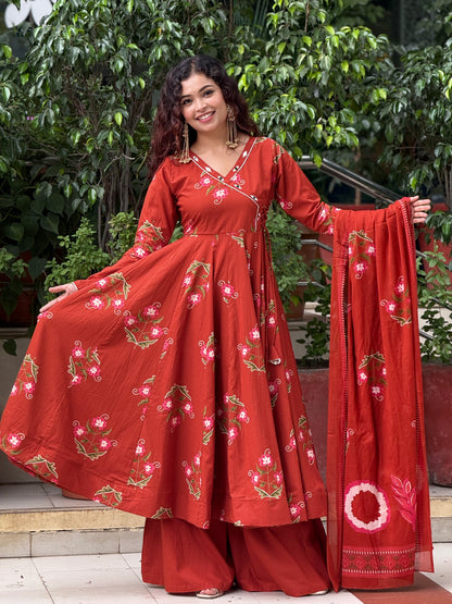 Rust Floral Printed Anarkali Kurta Set with Palazzo & Dupatta
