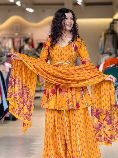 mustard yellow peplum crop top and gher plazo with dupatta suit set
