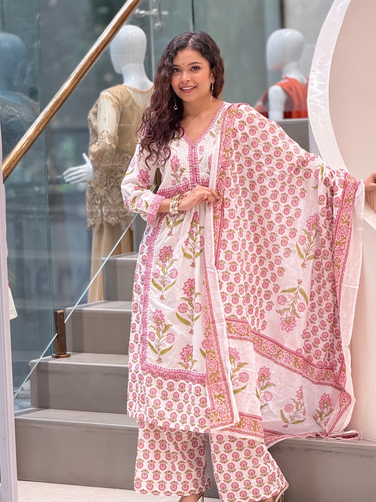 Floral Printed Cotton Suit Set with Dupatta