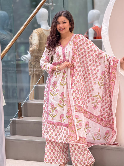 Floral Printed Cotton Suit Set with Dupatta