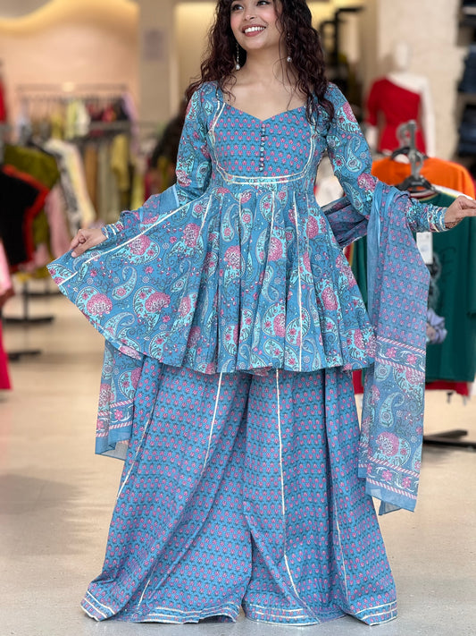 blue peplum crop top and gher plazo with dupatta suit set