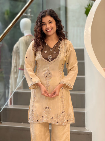 Beige Handwork Three Piece  Kurta Palazzo Set
