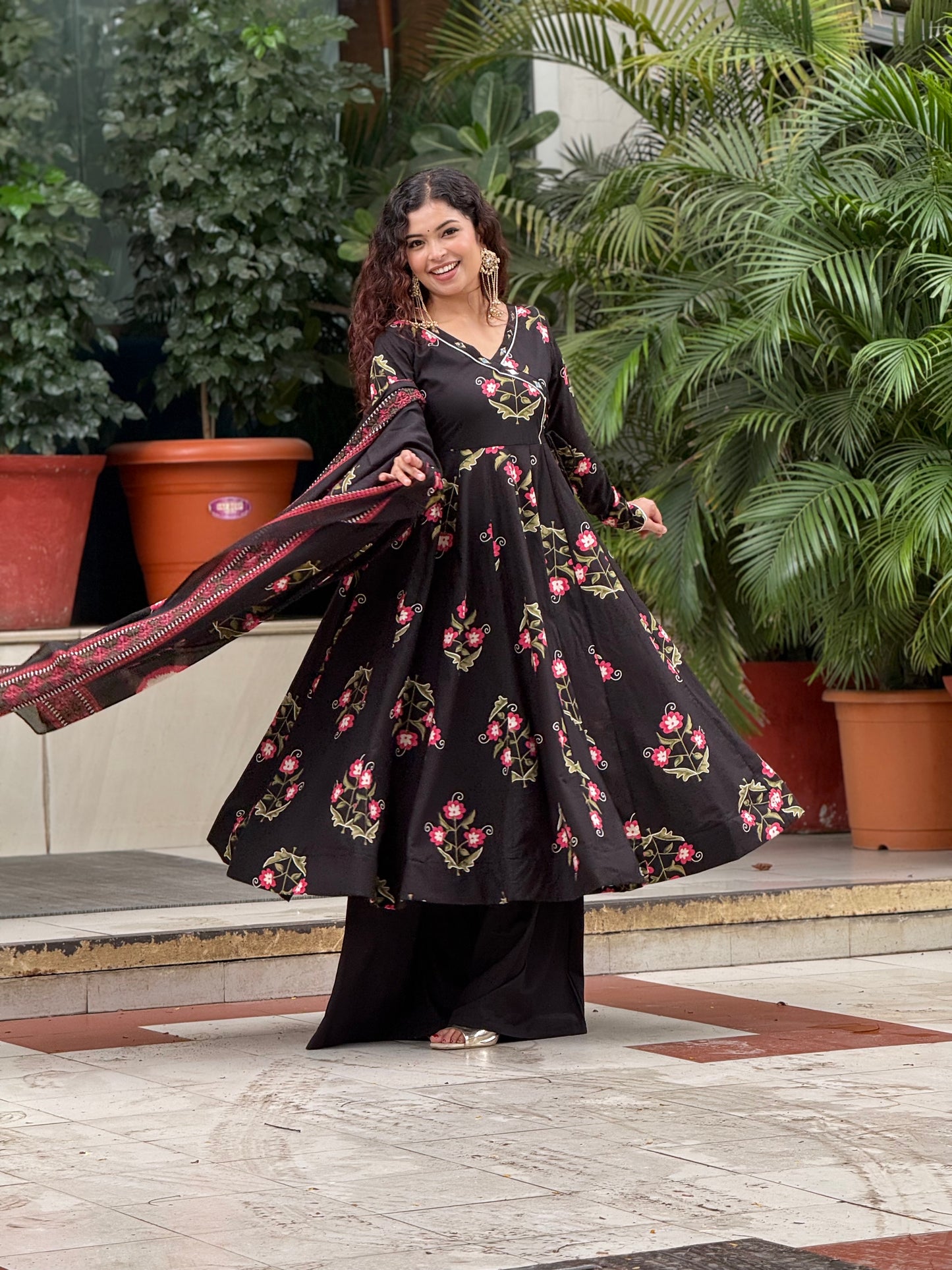 Black Printed Anarkali Kurta Set with Palazzo & Dupatta