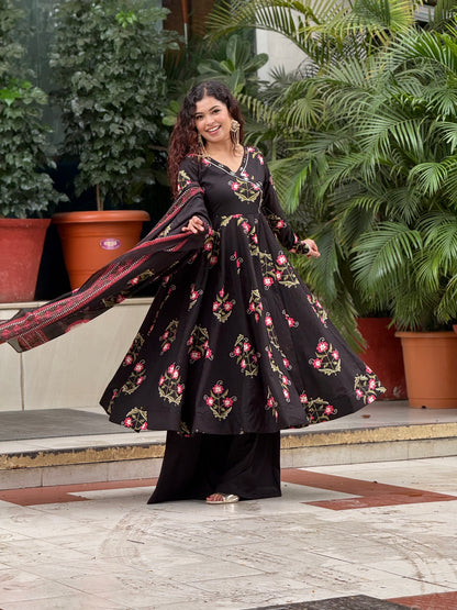 Black Printed Anarkali Kurta Set with Palazzo & Dupatta