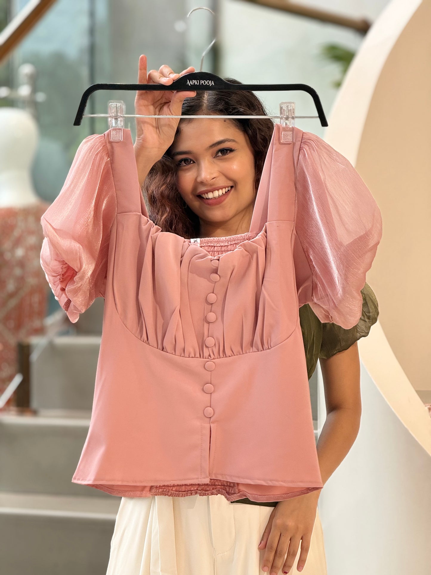 Partywear top with puff sleeves