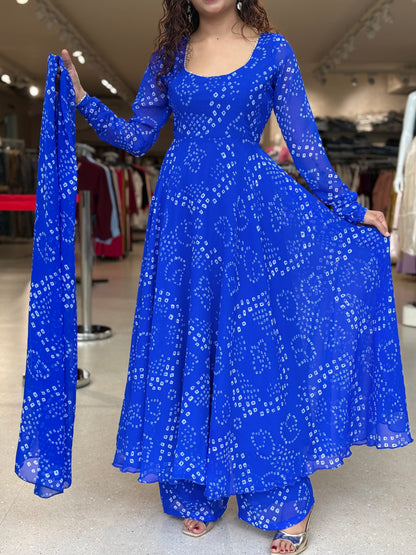 Blue bandhani anarkali suit set.