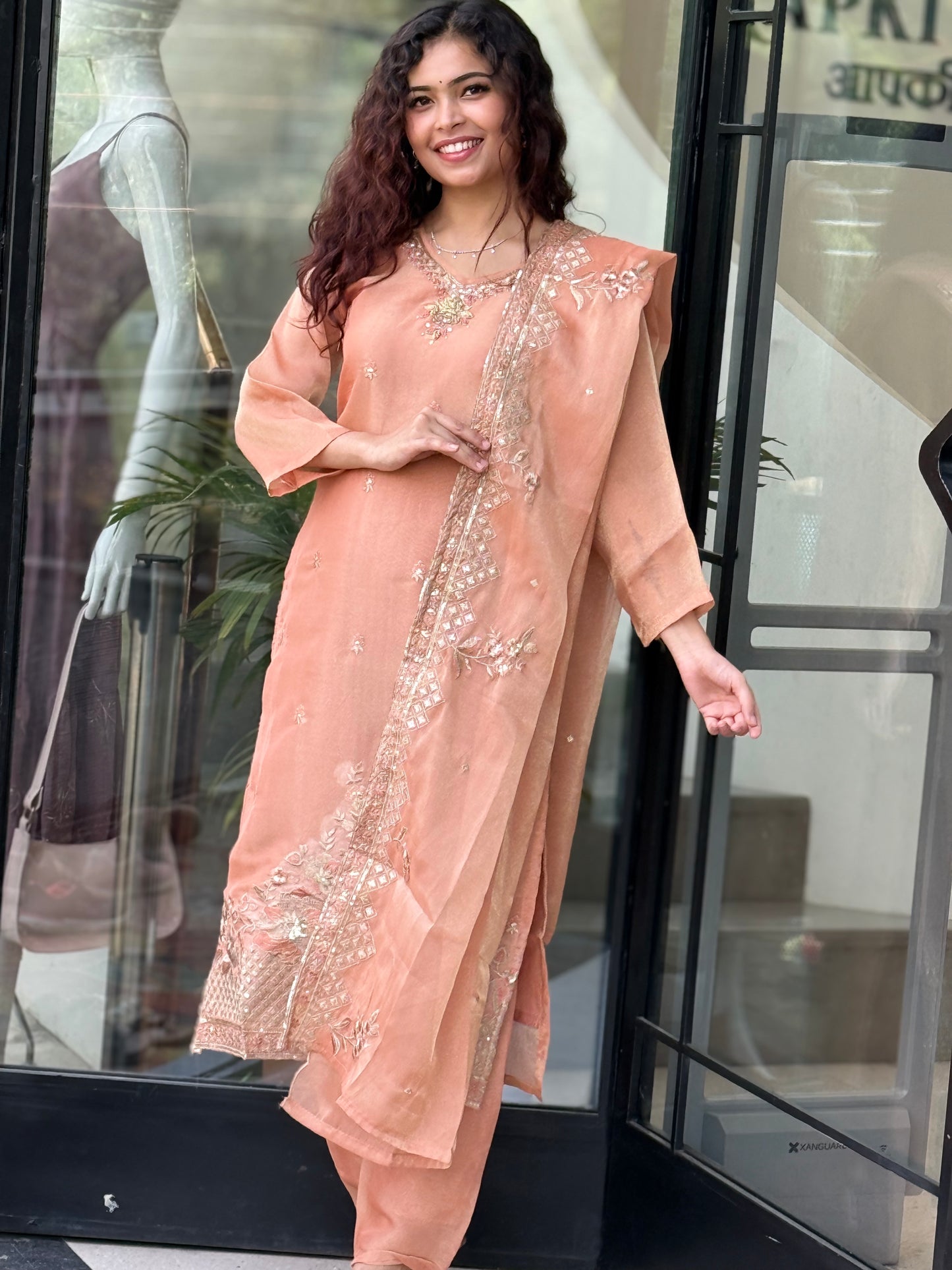 Peach and green Embroidered Kurta Pant Set with Organza Dupatta – Women’s Festive Ethnic Wear