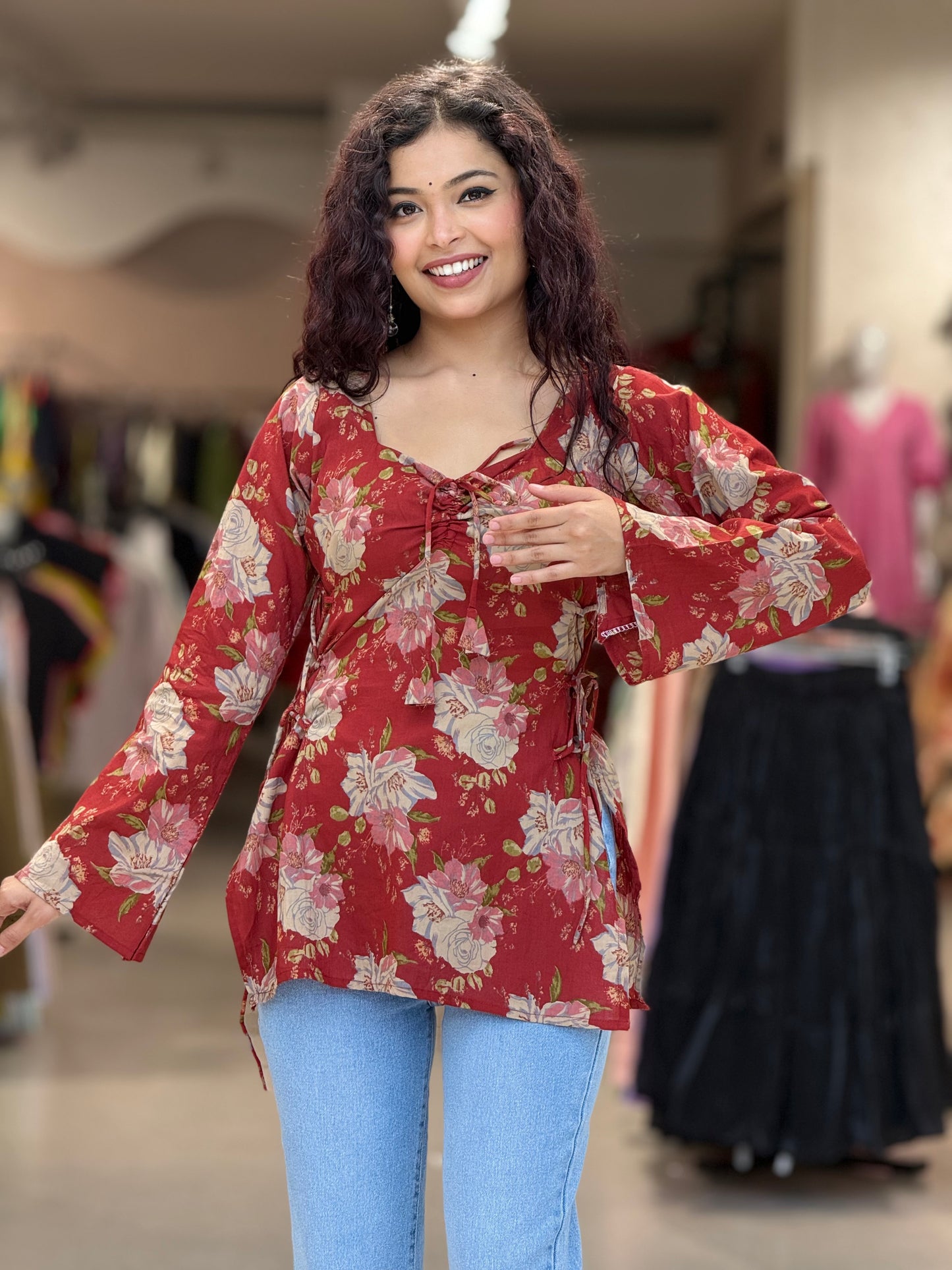 Maroon short kurti with front and side dori